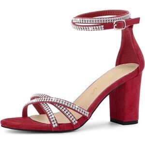 Red Rhinestone Ankle-Strap Block Heel Sandals
